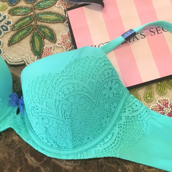 New! Victoria’s Secret Body by Victoria Lightly Lined Lace Demi Bra 32 DD Aqua - Picture 3 of 9